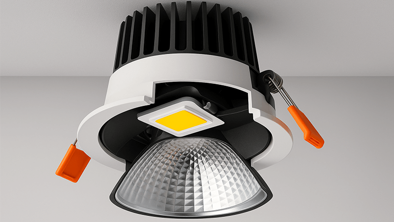 Cutaway view of a COB LED downlight showing the chip, reflector, and lens