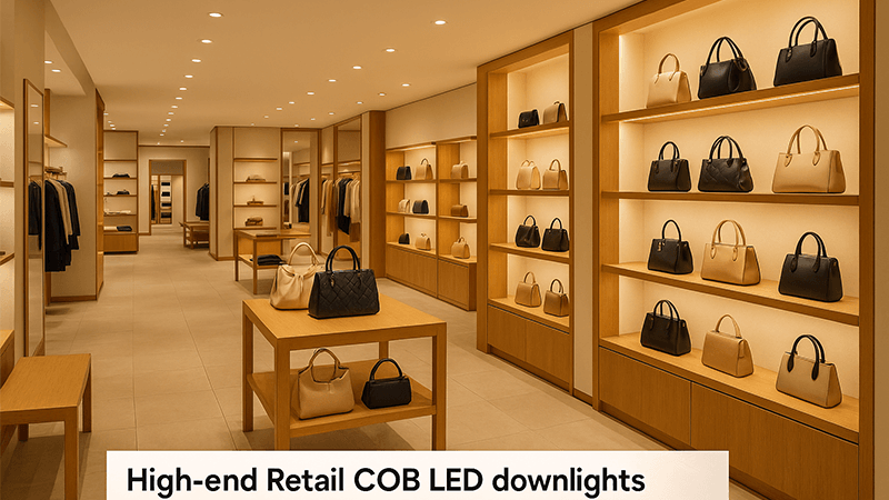 High-CRI COB LED Downlights in Retail A high-end retail store illuminated by high-CRI COB LED downlights