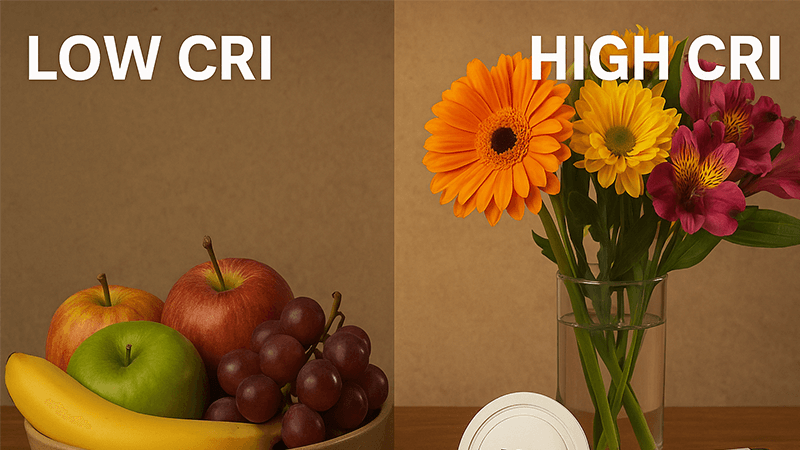 Good CRI for LED Lights A comparison showing the difference between low CRI and high CRI lighting
