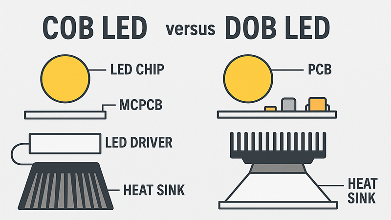 An exploded view of a COB LED downlight showing its separate driver and robust heatsink