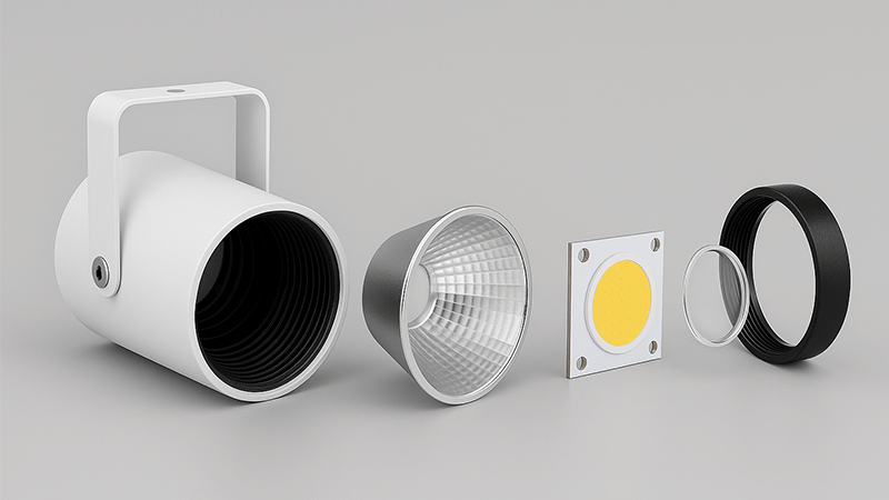 Exploded view of a spotlight fixture showing the COB chip inside