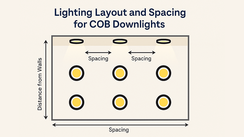 Diagram showing lighting layout and spacing for COB downlights
