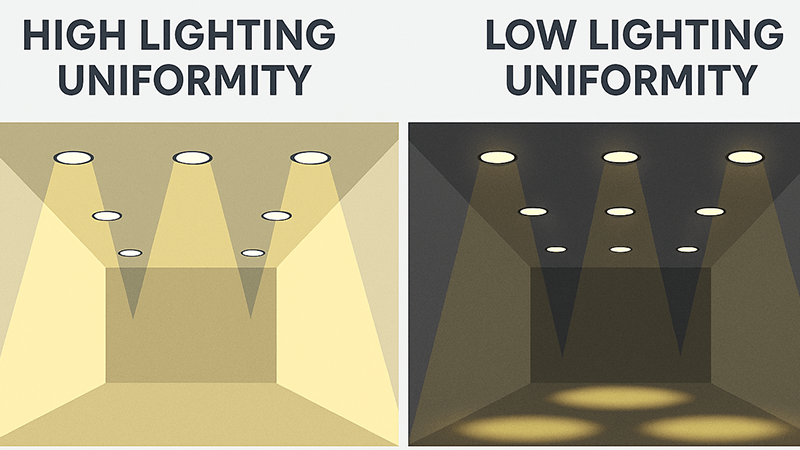 A diagram showing high vs low lighting uniformity