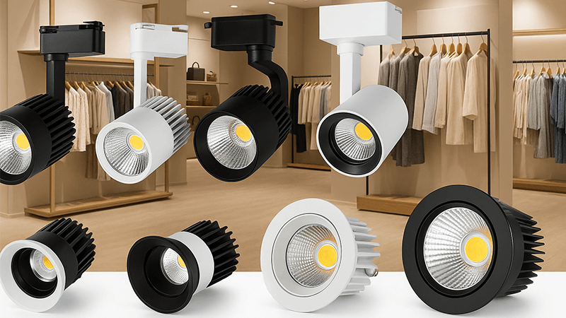 A collection of COB track lights and downlights in a store