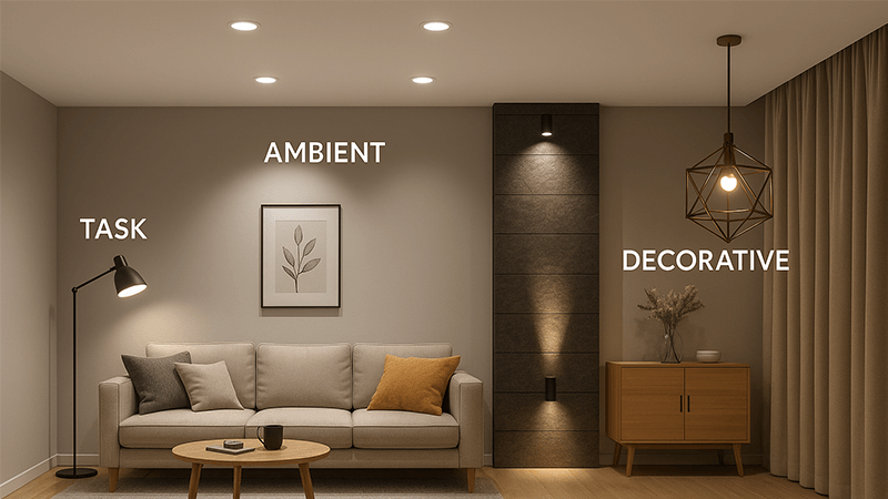 A room showing ambient, task, accent, and decorative lighting