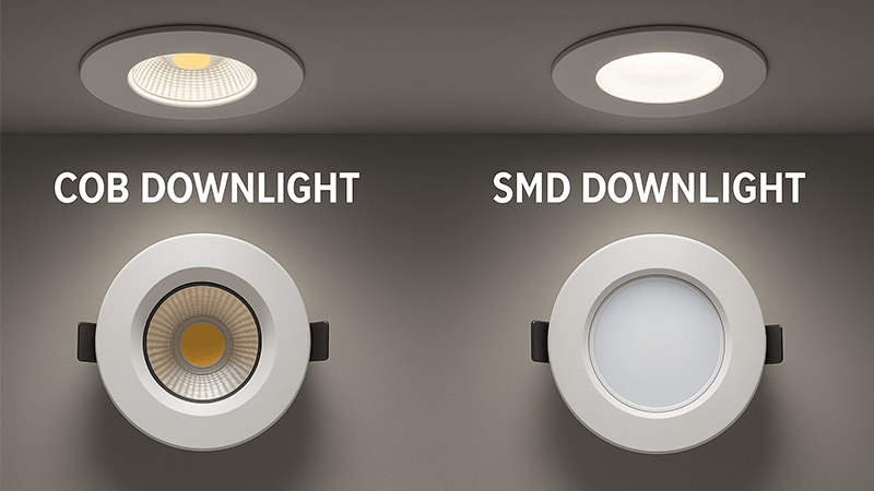 A side-by-side comparison of a COB downlight and an SMD downlight