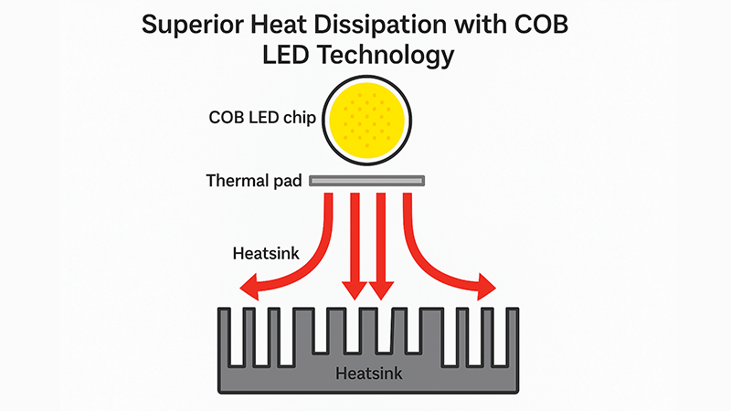 A detailed diagram showing heat flow from a COB LED to a heatsink.