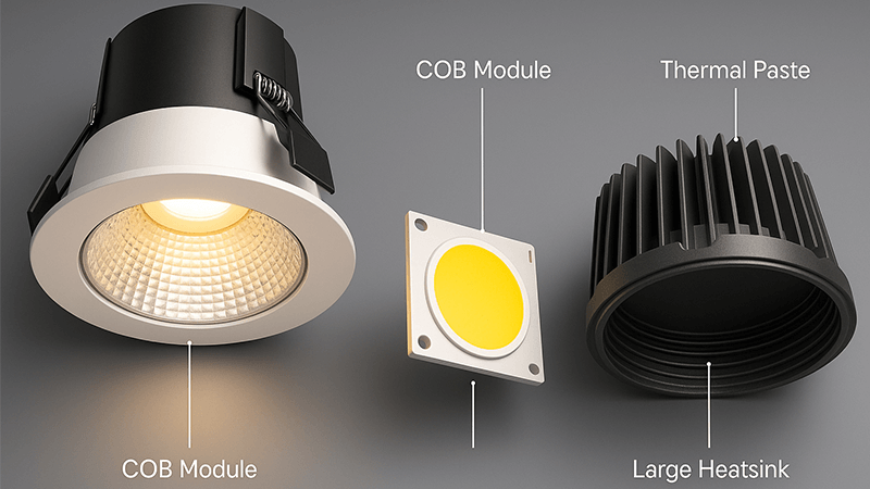An exploded view of a COB downlight showing the COB module, thermal paste, and large heatsink.