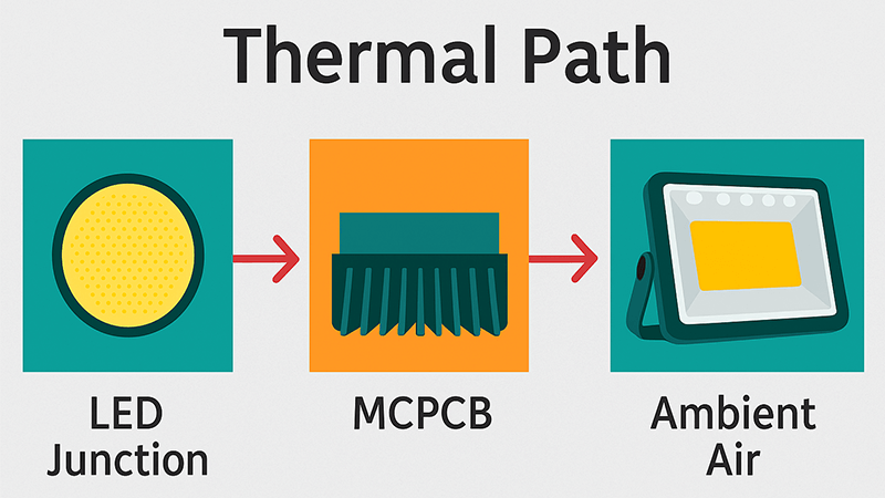 A diagram showing the complete thermal path from the LED junction to the ambient air.