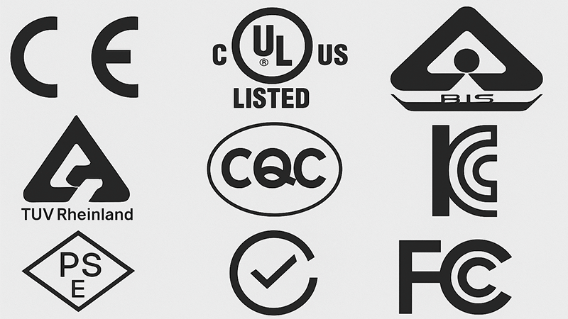 International LED Light Certifications A collage of international certification logos like CE, UL, BIS, and FCC