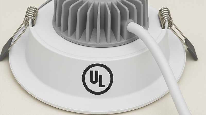 UL Certified LED Downlight A close-up of a UL logo on the back of an LED downlight