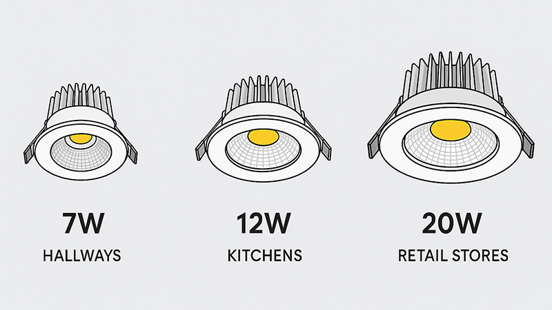 Different wattage LED downlights for various applications