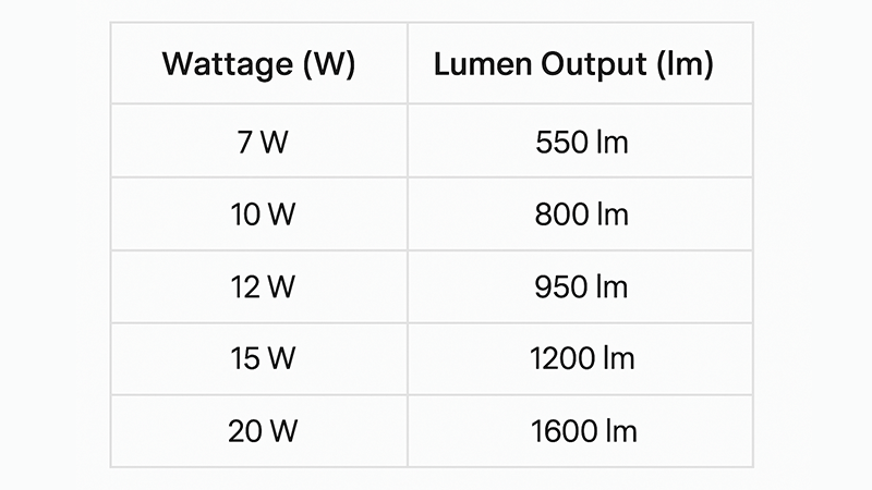 A spec sheet showing LED wattage and lumen output
