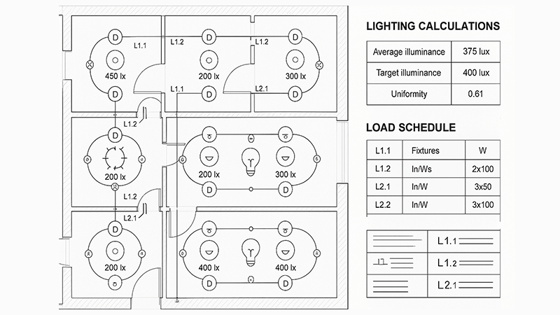 An electrical plan showing lighting fixture layout and calculations