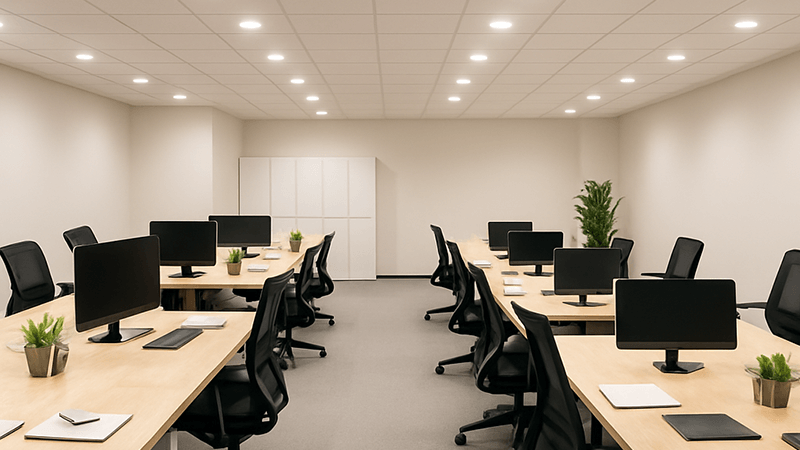 An overhead view of a well-lit office space with uniform lighting