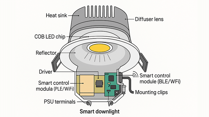 Diagram of a smart downlight's internal components