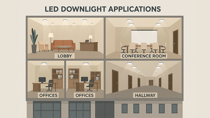 Various applications of LED downlights in a commercial building