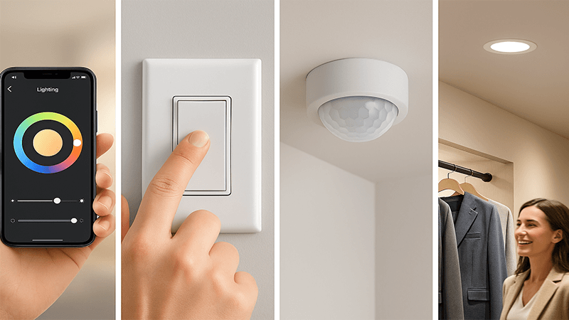 Collage of smart light control methods: app, switch, sensor
