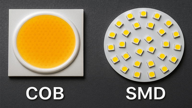 Close-up of a COB LED chip vs an SMD LED chip
