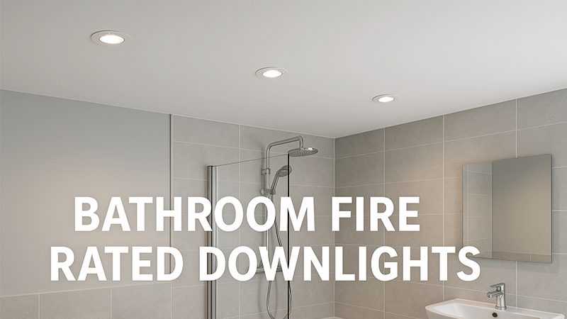 A modern bathroom ceiling with sleek, fire-rated downlights installed
