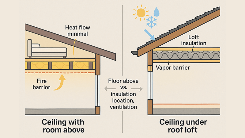 A diagram showing the difference between a ceiling with a room above and a ceiling under a roof loft