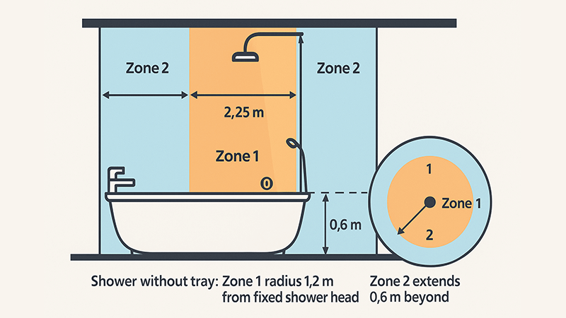 A diagram of a bathroom showing the different electrical zones (0, 1, 2) and their dimensions