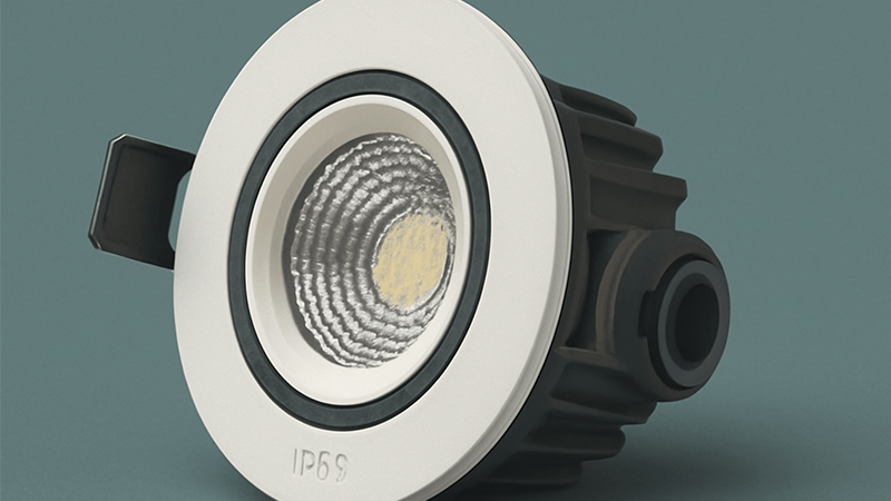 IP65 Rated Downlight for Bathrooms Close-up of an IP65 rated downlight with visible seals