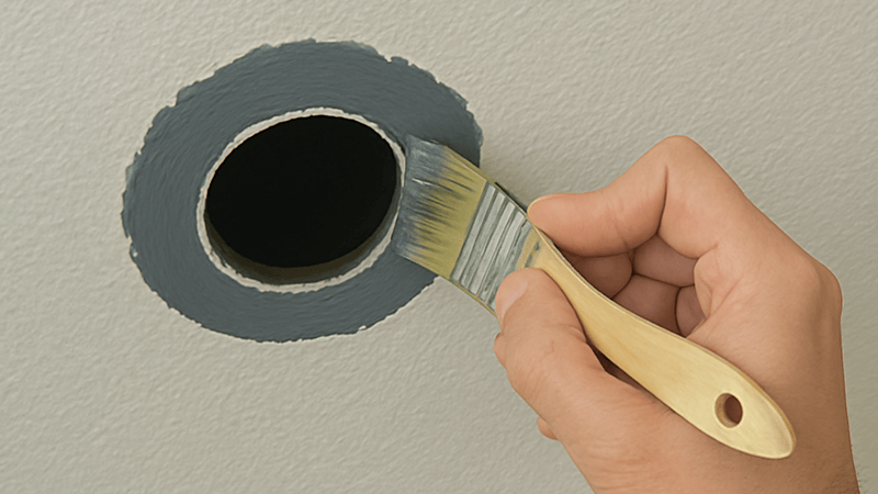 Waterproofing Ceiling for Downlight Installation A hand painting a waterproof sealant around a ceiling cutout for a downlight