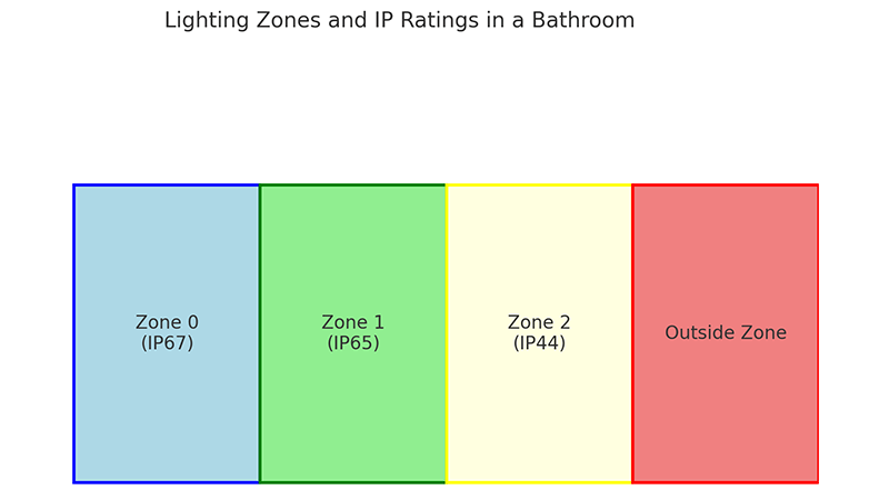 Diagram of Bathroom Lighting IP Zones A diagram showing the different lighting zones in a bathroom and their required IP ratings