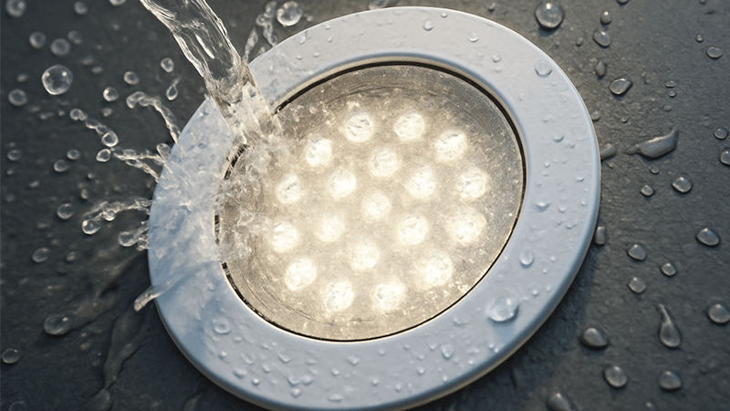 A close-up shot of water splashing on an IP65-rated downlight to demonstrate its waterproof quality.