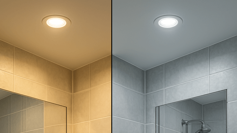 A split-image showing the same bathroom lit with 3000K on one side and 4000K on the other.