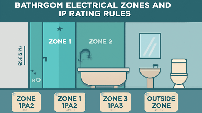 An infographic showing the different electrical zones in a bathroom with corresponding IP rating rules.