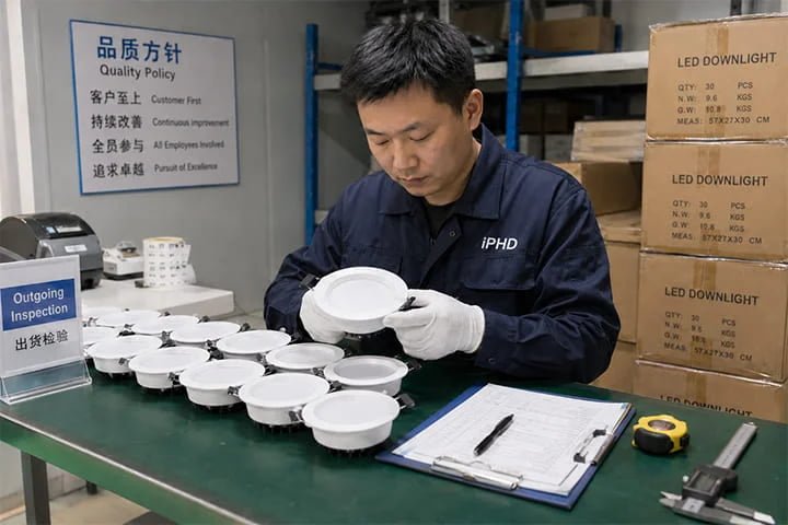 Quality control technician performing outgoing inspection on LED downlights before shipment
