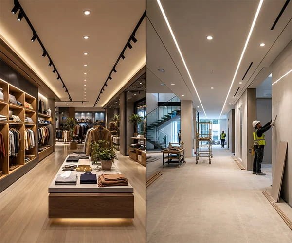 LED lighting installed in commercial store and construction project environments