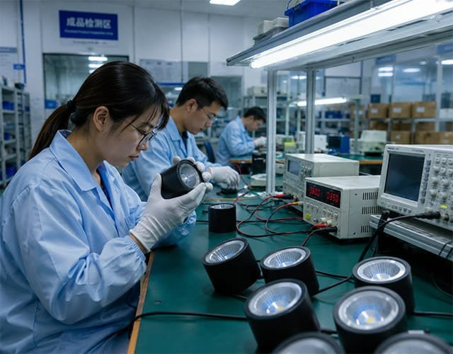 Quality control aging test process at Upward Lighting factory