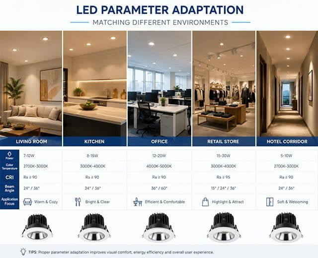 LED parameter adaptation illustration showing various application environments