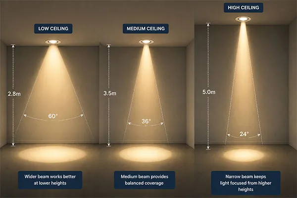 Mounting Height and COB Downlight Beam Angle beam angle for COB downlight affected by ceiling mounting height