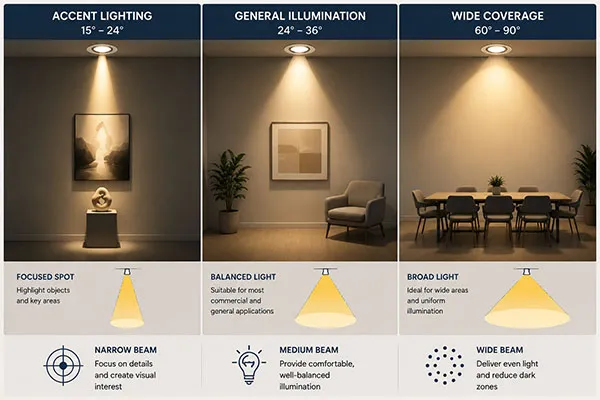 Choosing COB Downlight Beam Angle by Application beam angle for COB downlight for accent general and wide coverage