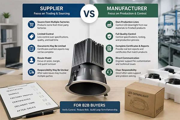 LED downlight supplier vs manufacturer comparison for B2B buyers