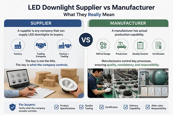 LED downlight supplier vs manufacturer meaning for procurement