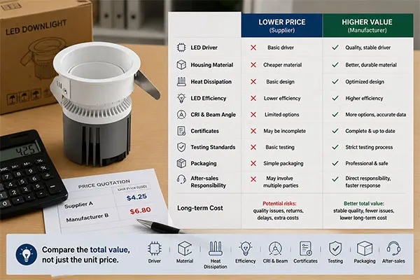 LED downlight supplier vs manufacturer price comparison factors