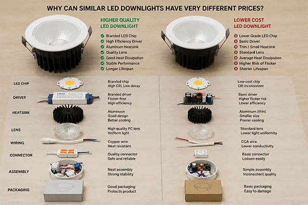 LED downlight component and material comparison LED downlight factory China component quality comparison