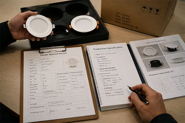 LED Downlight Sample Approval Process Approved LED downlight sample linked to mass production specifications