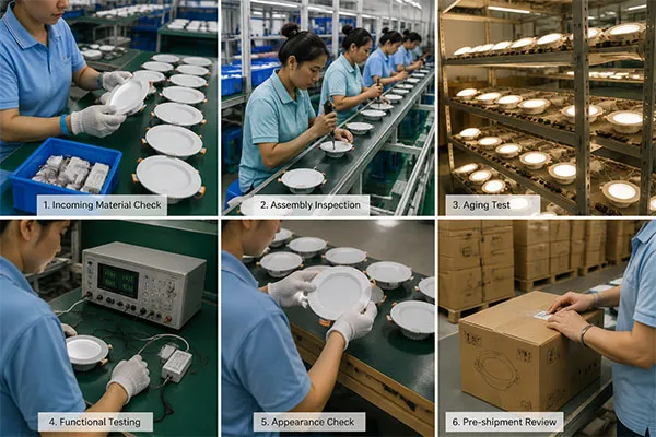 LED Downlight Quality Control Process LED downlight supplier quality inspection and aging test process