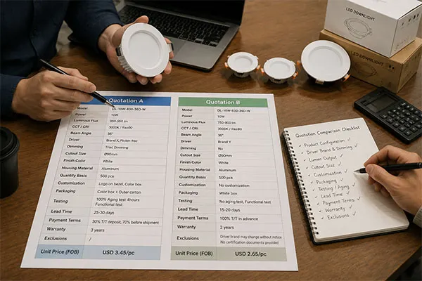 LED Downlight Quotation Evaluation LED downlight supplier quotation comparison with specifications and packaging