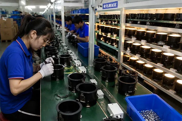 Product-specific LED downlight factory assembly and aging test line
