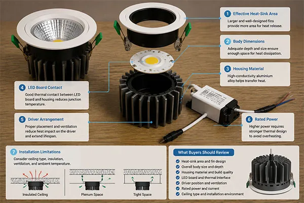 LED downlight heat dissipation design features LED downlight heat sink structure and driver arrangement