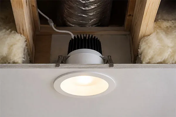 Heat dissipation in LED downlights installation conditions Installed LED downlight with ceiling ventilation clearance