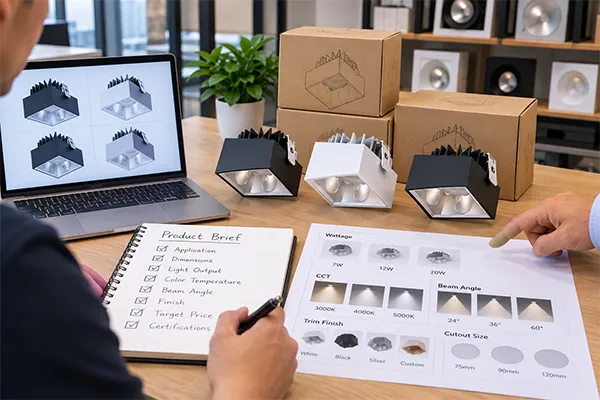 LED downlight products specification brief with wattage, cutout, CCT, beam angle, and finish