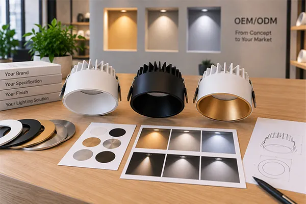 Customized LED downlights with OEM finish and specification options Customized LED downlights in black, white, and gold finishes for local lighting brands